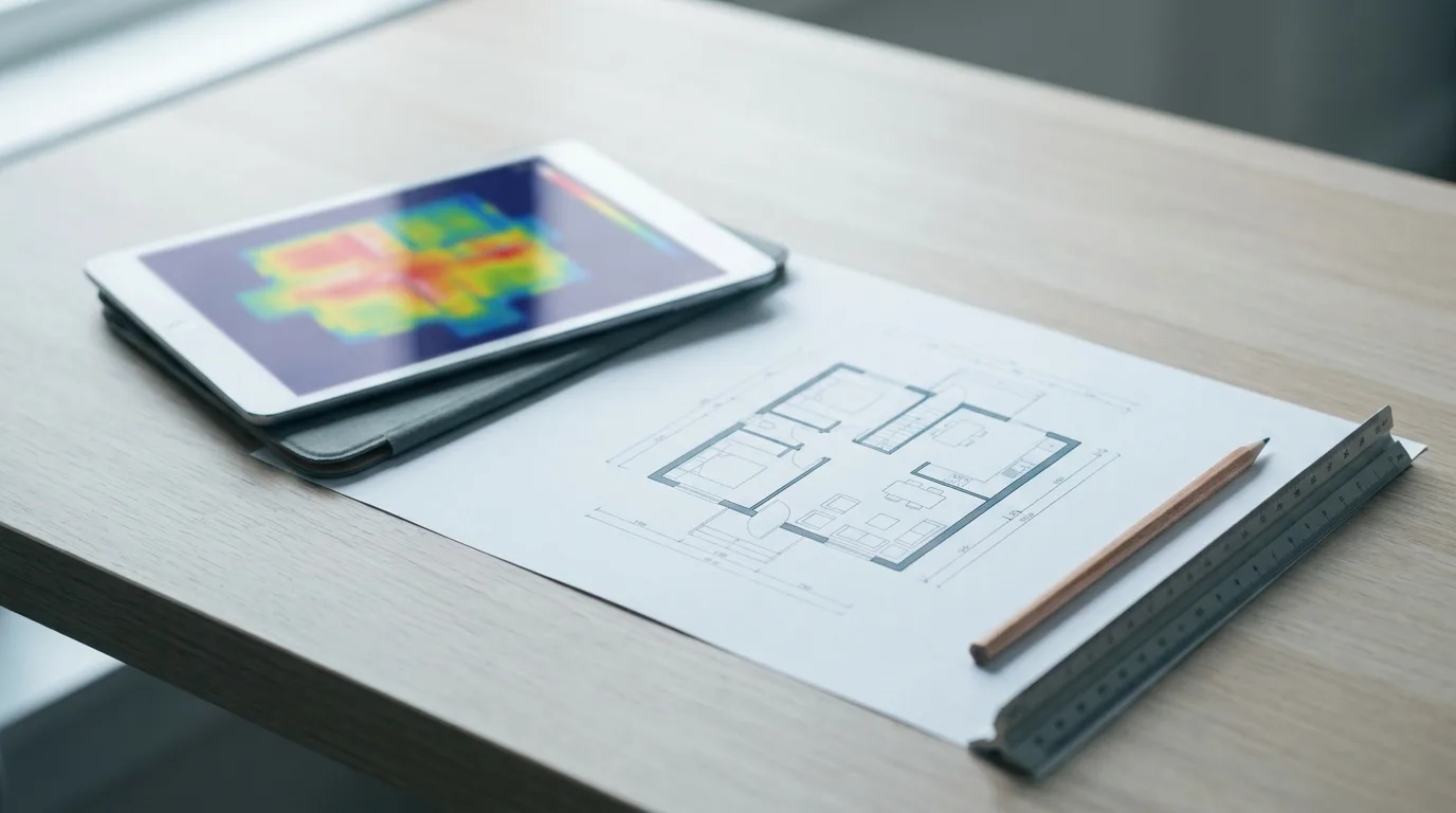 Plan de maison et tablette affichant une simulation thermique pour une étude RE2020