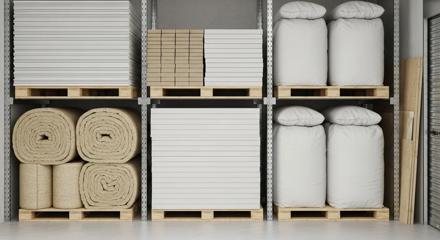 Matériaux de rénovation stockés au sec sur des palettes
