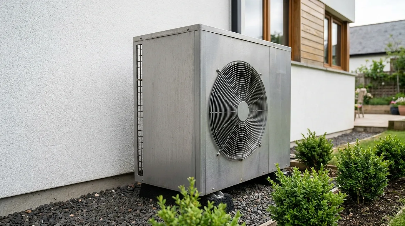Pompe à chaleur extérieure installée contre la façade d'une maison, exemple de système à saisir dans le logiciel